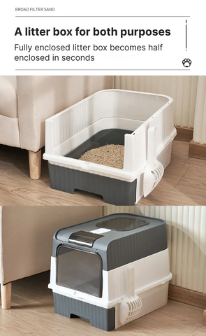 Portable Collapsible Cat Litter Pan with Splash Guard Plastic Scoop - Pet Box with Lid, Easy to Assemble