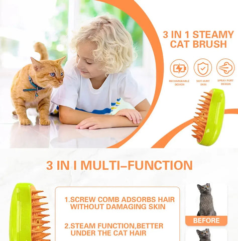 Electric Cat Steam Brush with Water Spray – Soft Silicone Grooming Comb for Bathing, Tangle Hair Removal & Hair Shedding