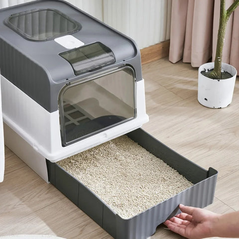 Portable Collapsible Cat Litter Pan with Splash Guard Plastic Scoop - Pet Box with Lid, Easy to Assemble