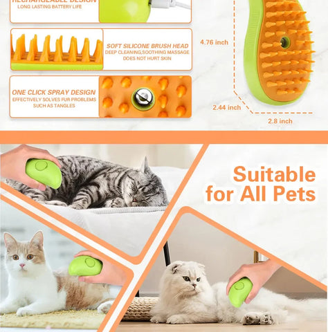 Electric Cat Steam Brush with Water Spray – Soft Silicone Grooming Comb for Bathing, Tangle Hair Removal & Hair Shedding